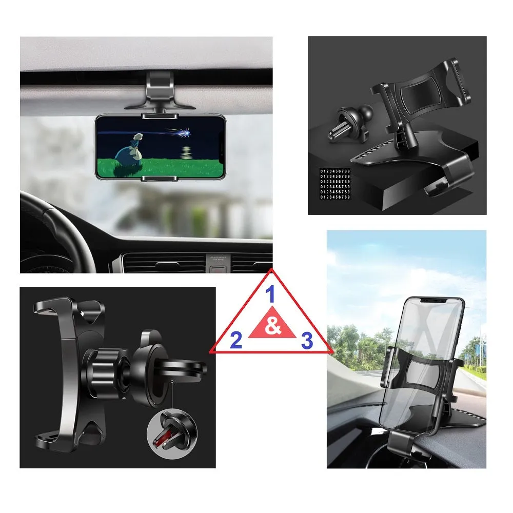 3 in 1 Car GPS Smartphone Holder: Dashboard / Visor Clamp   AC Grid Clip for Honor 8 Smart - Black