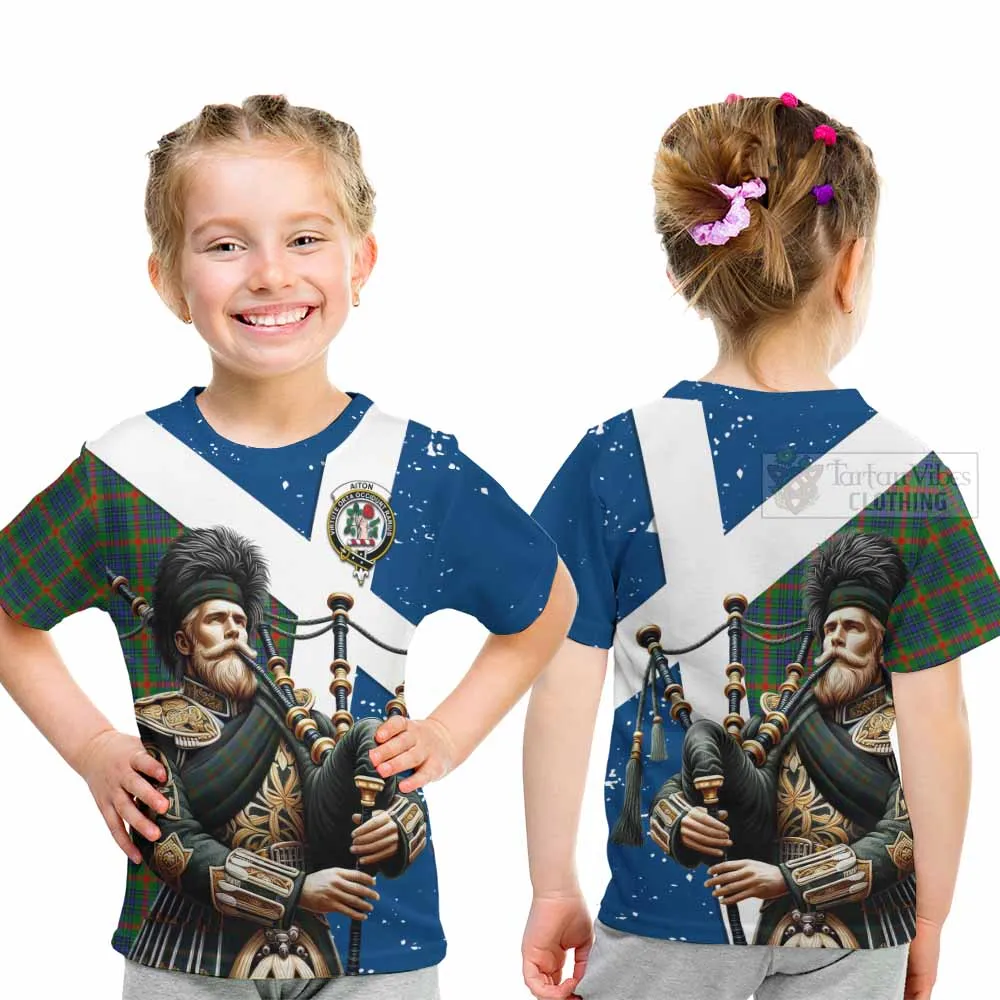 Aiton Tartan Kid T-Shirt with Family Crest Scottish Bagpiper Vibes
