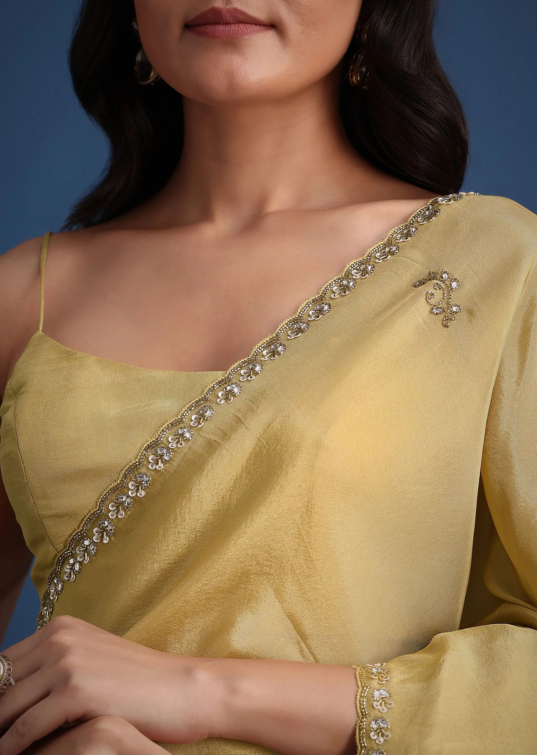 Gold Tissue Saree With Cutdana Embellished Border
