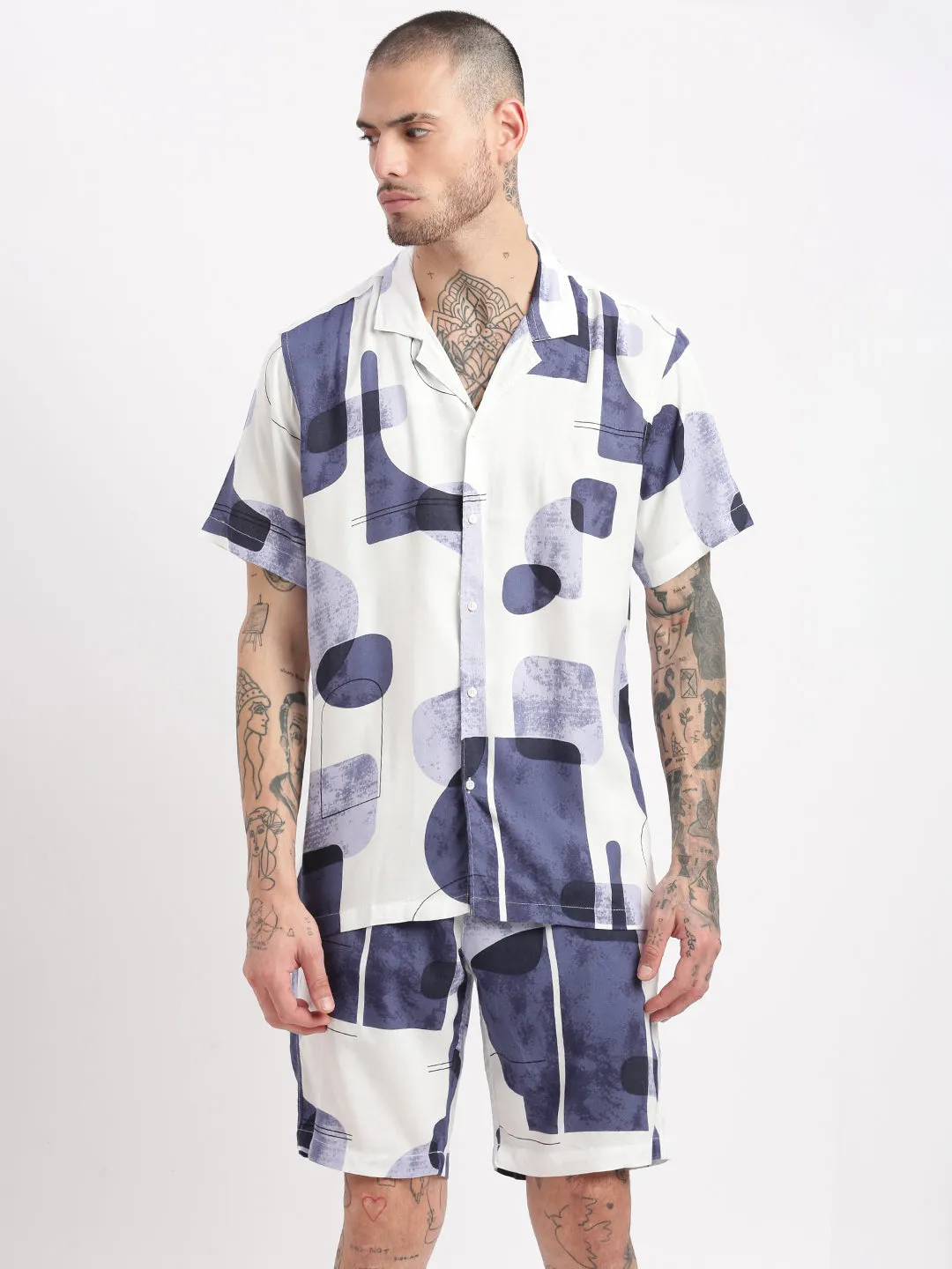 Men Abstract Cuban Collar White Co-Ords Set