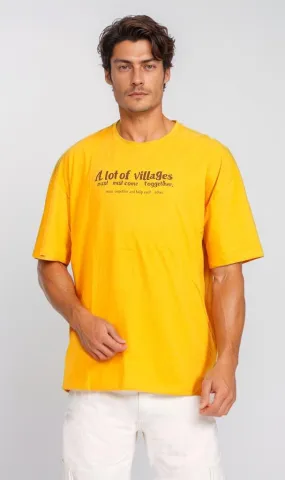 O203129 - Village-Themed Typography T-Shirt  Mustard Yellow