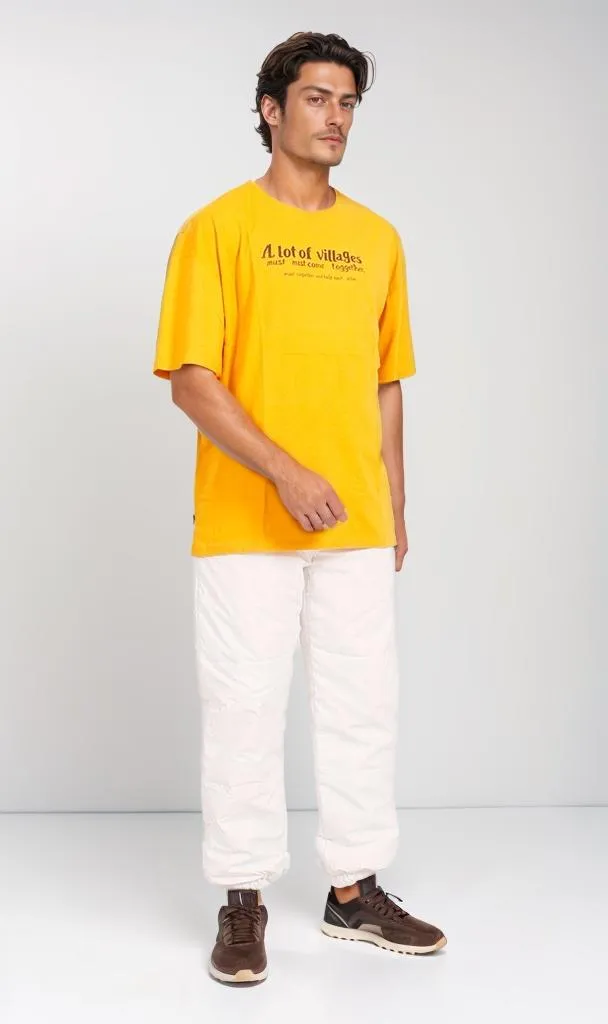 O203129 - Village-Themed Typography T-Shirt  Mustard Yellow