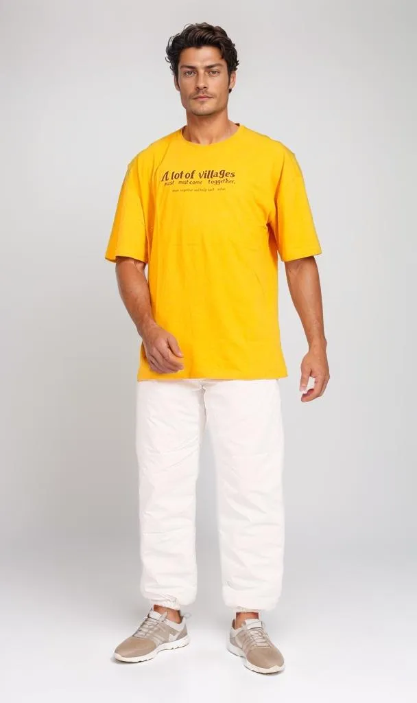 O203129 - Village-Themed Typography T-Shirt  Mustard Yellow