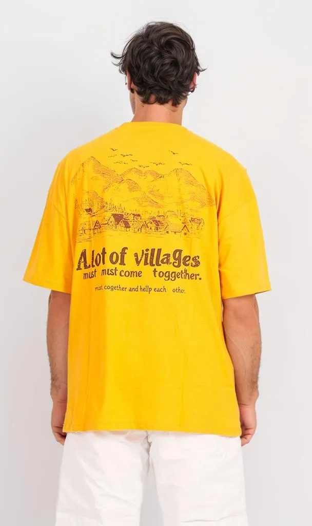 O203129 - Village-Themed Typography T-Shirt  Mustard Yellow
