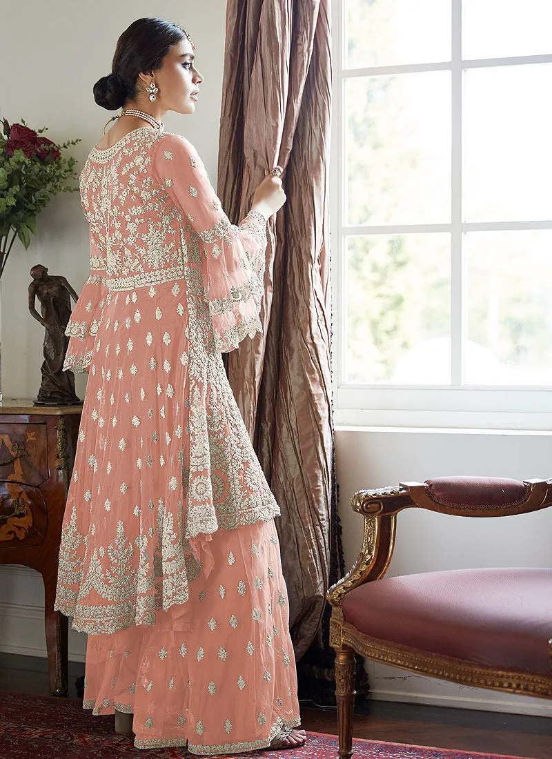 Peach Beige Multi Embroidered Designer Gharara Suit