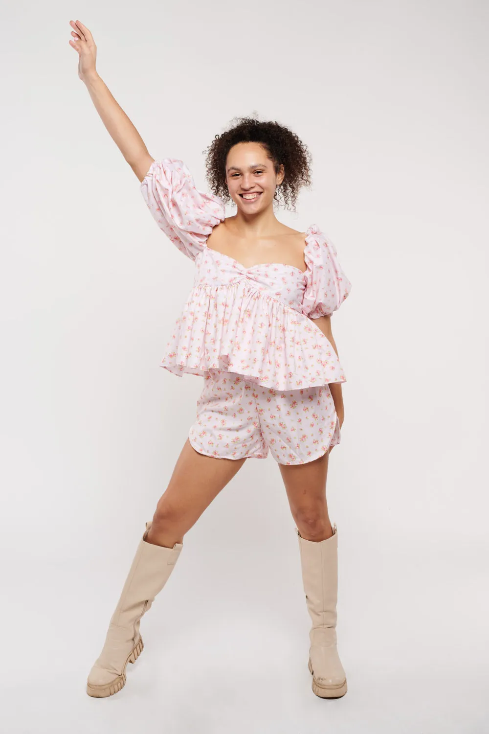 Shorts Set Pink Pearly Floral Cotton by Madeline Marie