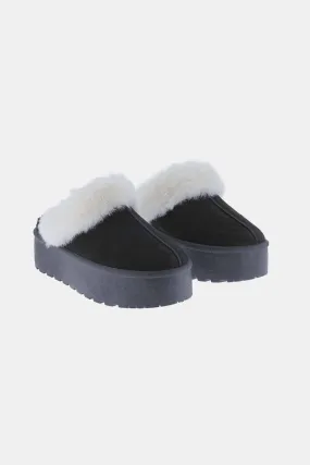 Thick Bottom Fur Trim Snow Slippers in Black
