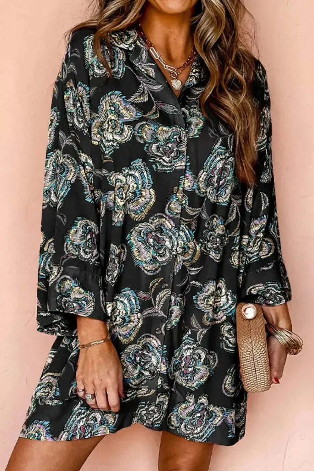 Three-Quarter Sleeve Button Up Printed Shirt Dress