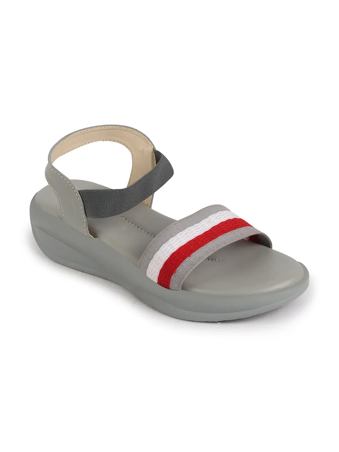 Women Grey Open Toe Multi Color Strap Platform Woven Design Slip On Sandals