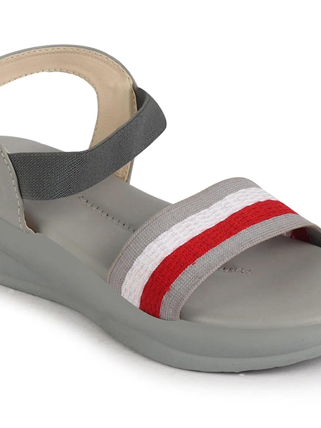 Women Grey Open Toe Multi Color Strap Platform Woven Design Slip On Sandals